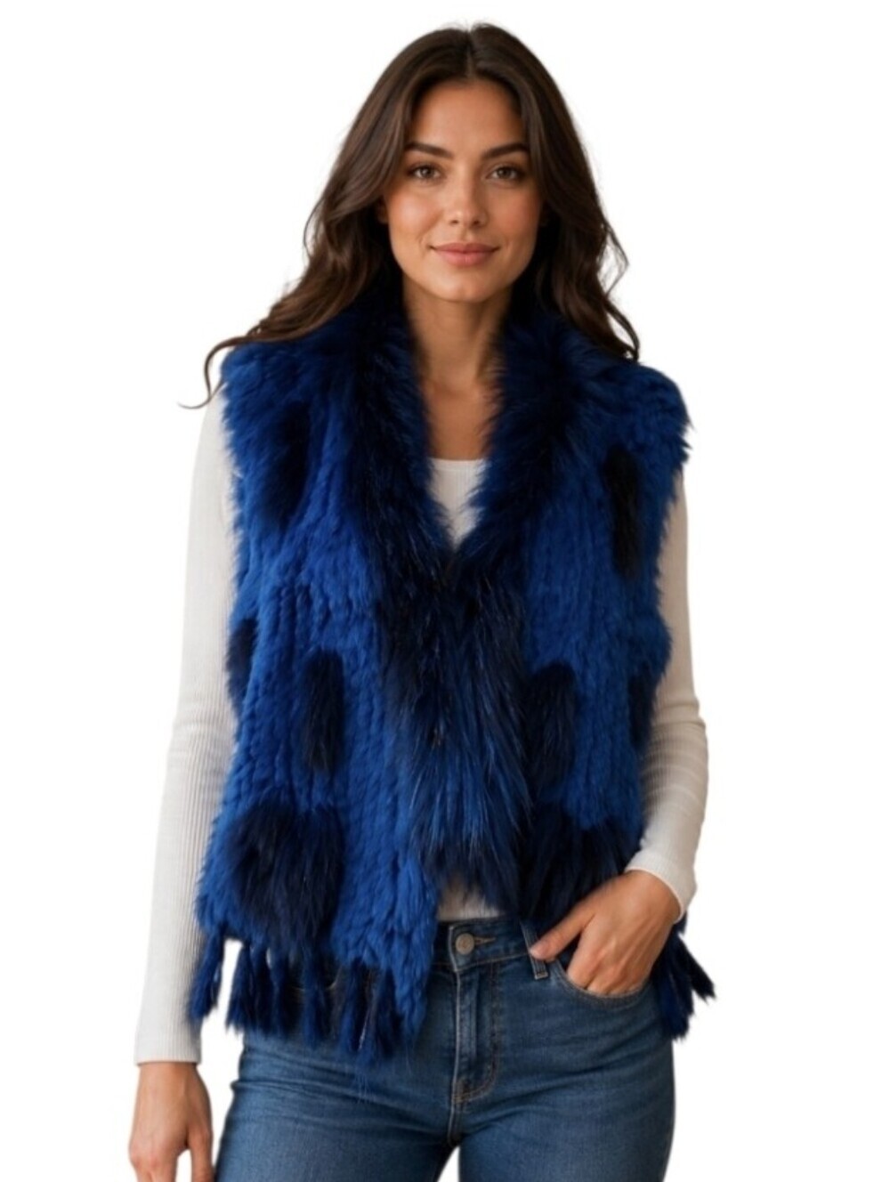 Metric Knits Blue Rabbit Fur Vest With Fringe Detail And Black Polka Dots NWT